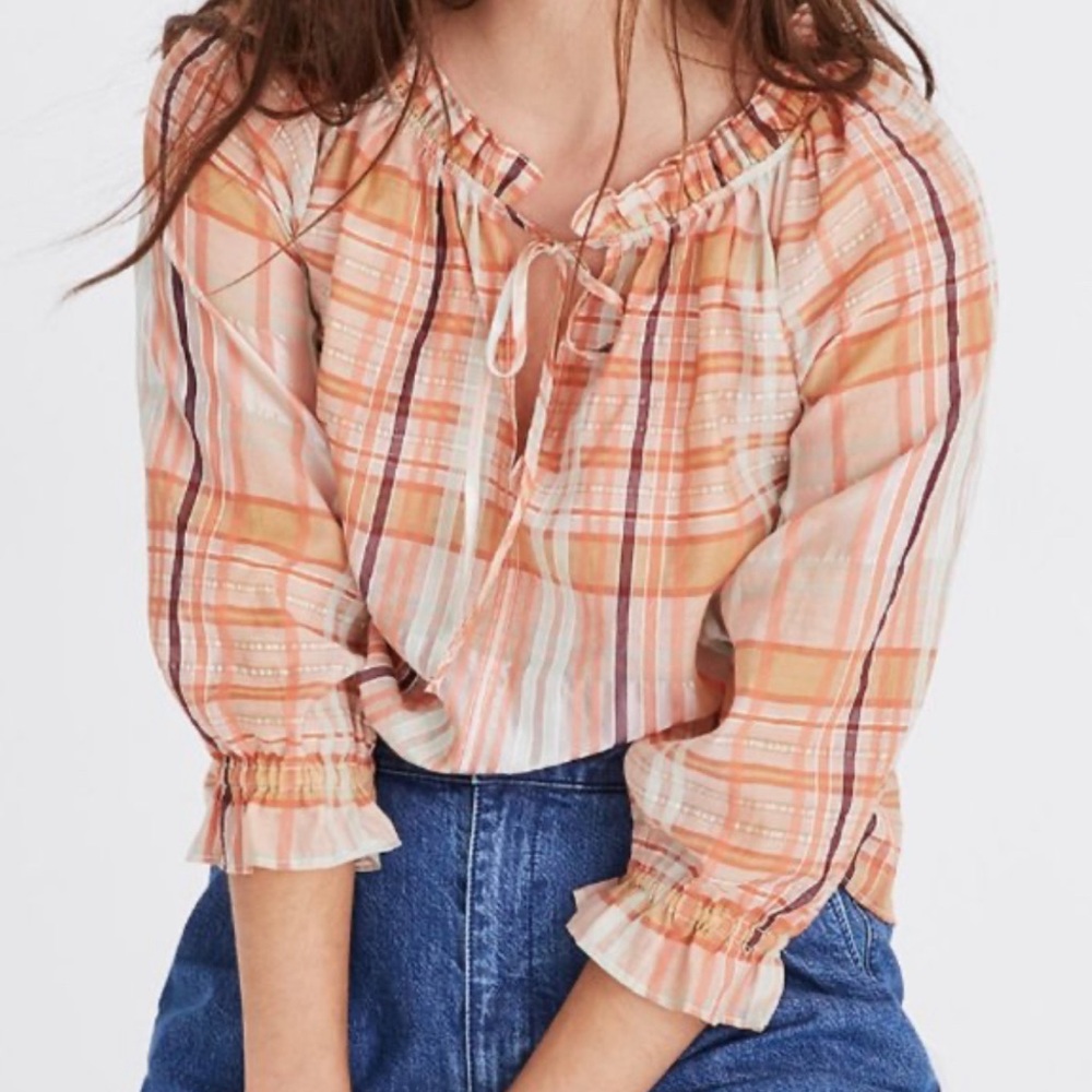 Madewell Plaid Tie-Neck Ruffle-Sleeve Top Size Medium